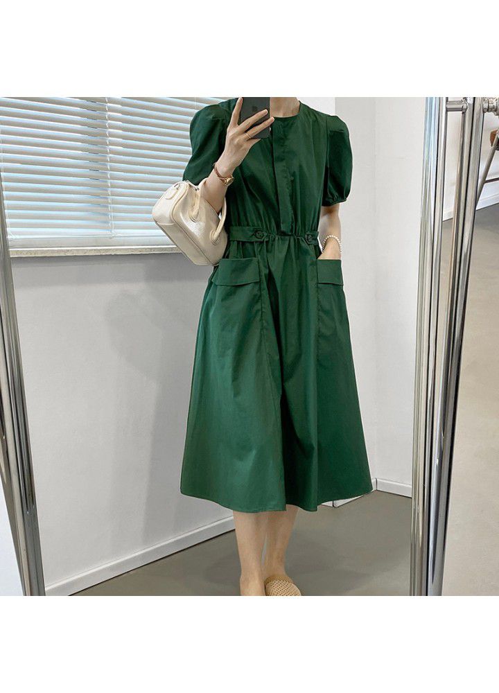 Taochuan solid round neck bubble sleeve dress women's 2021 summer double pocket elastic waist bandage long skirt slim 8190