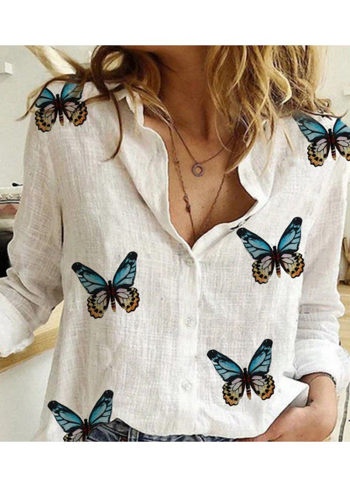 Amazon spring white Long Sleeve V-neck print casual chrysanthemum shirt top in 2020 European and American independent station