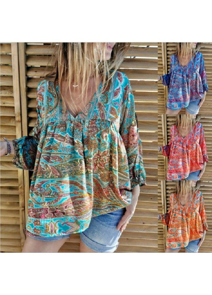 Autumn and winter 2020 new European and American Amazon foreign trade floral long sleeve T-shirt women's printed V-neck pleated top