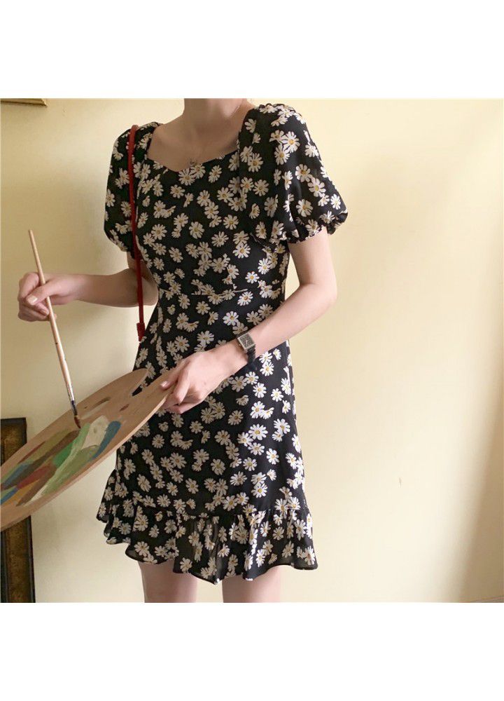 2021 summer new small bubble sleeve dress women's collar medium long short sleeve floral Daisy skirt
