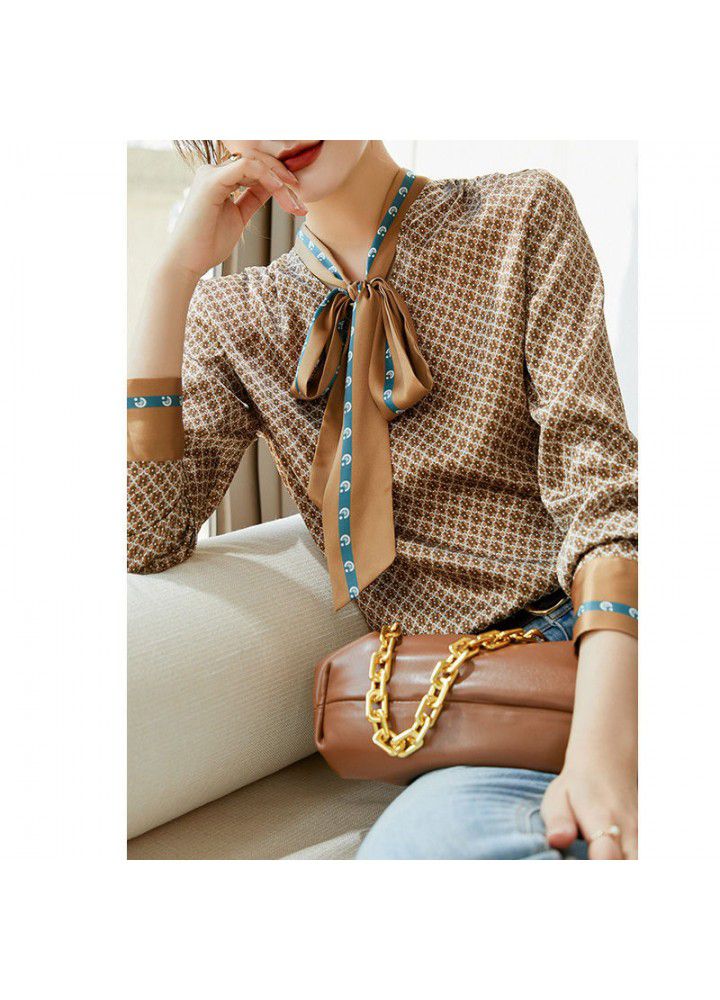 Ribbon foreign style top women's 2021 spring new fashion foreign style printed shirt women's long sleeve shirt temperament blouse