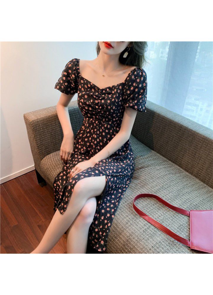 2021 new summer square necked French Floral Dress