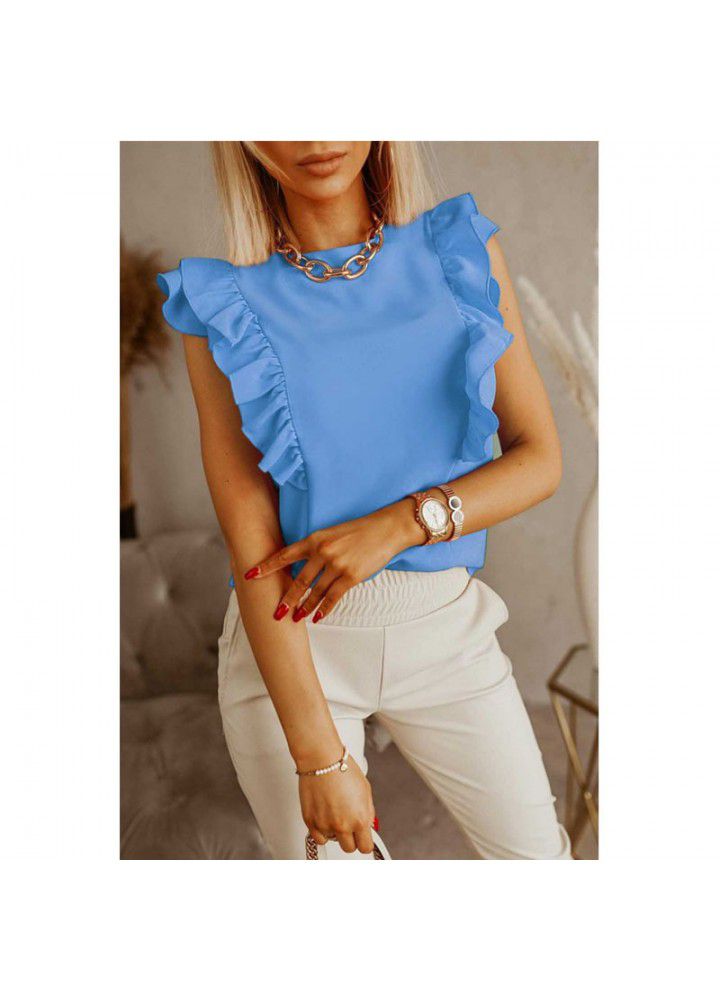 2021 Amazon express wish Europe and America Summer new loose round neck solid color Ruffle short sleeve shirt