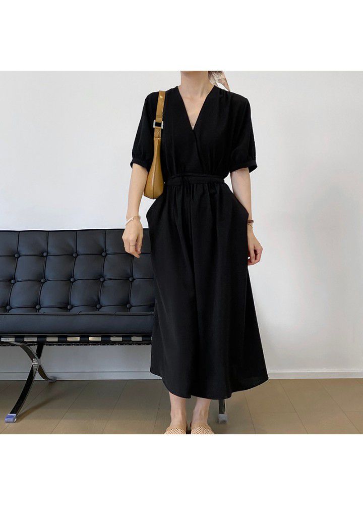 Taochuan French design retro bubble sleeve waist strap dress women's 2021 summer V-Neck long skirt 3377