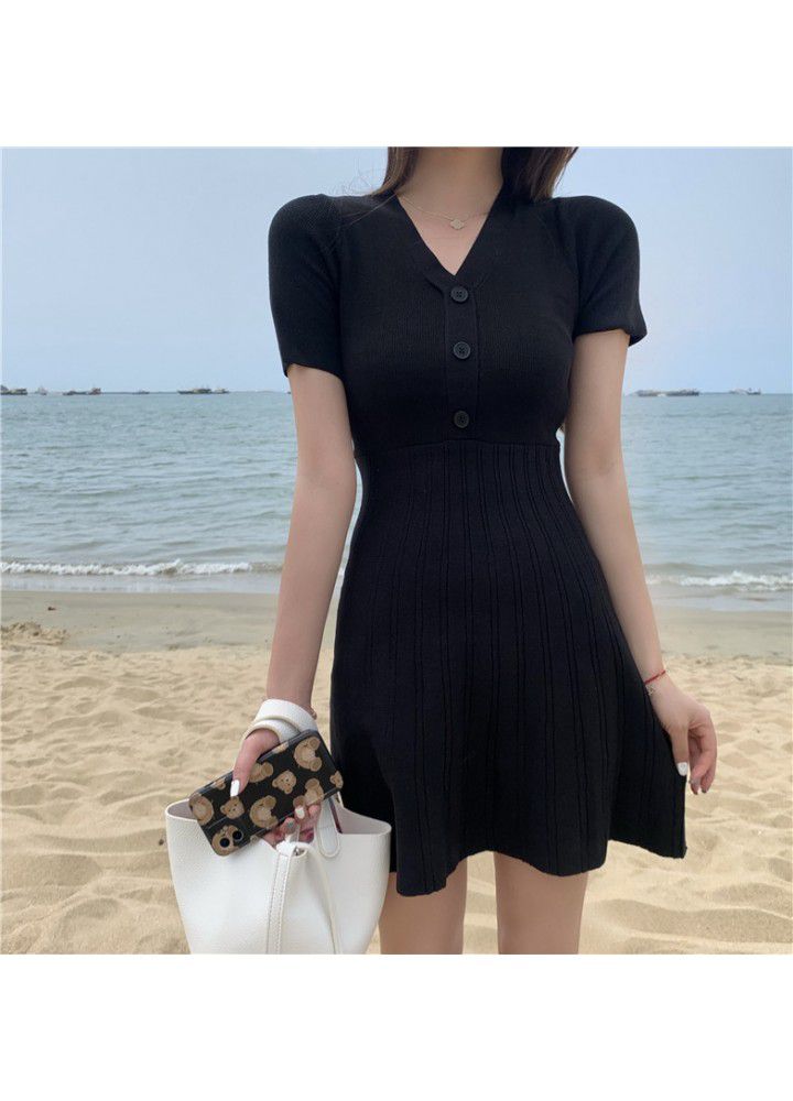2021 summer new trend women's dress French small black skirt medium length small slim sweater bottom dress