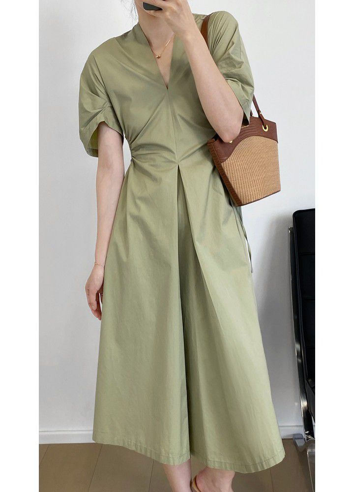 Taochuan Korean Hepburn drawstring open waist short sleeve dress women's summer design V-neck show thin temperament skirt 1963