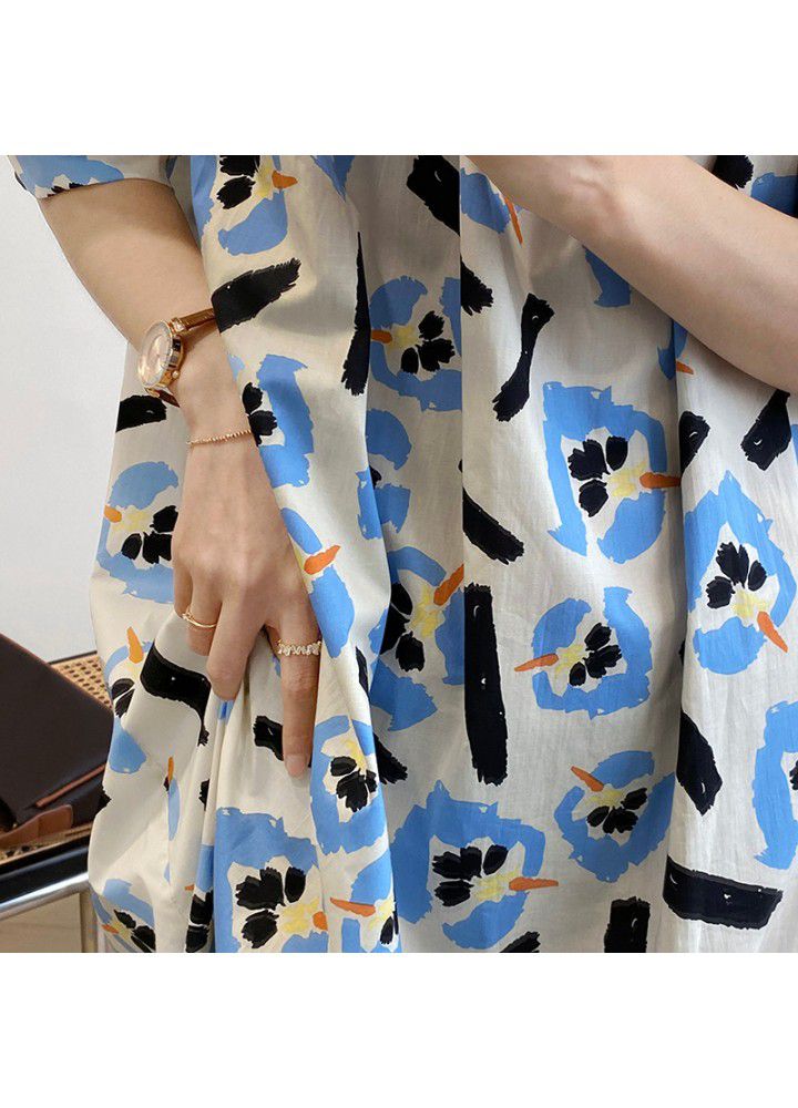 Taochuan bubble sleeve square neck lace up print dress women's 2021 summer Korean mid length slim dress 1936