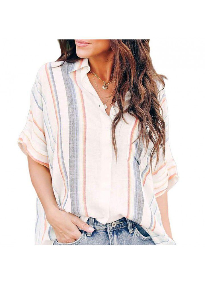 Cross border wish Amazon eBay large size cardigan blouse striped pocket short sleeve blouse