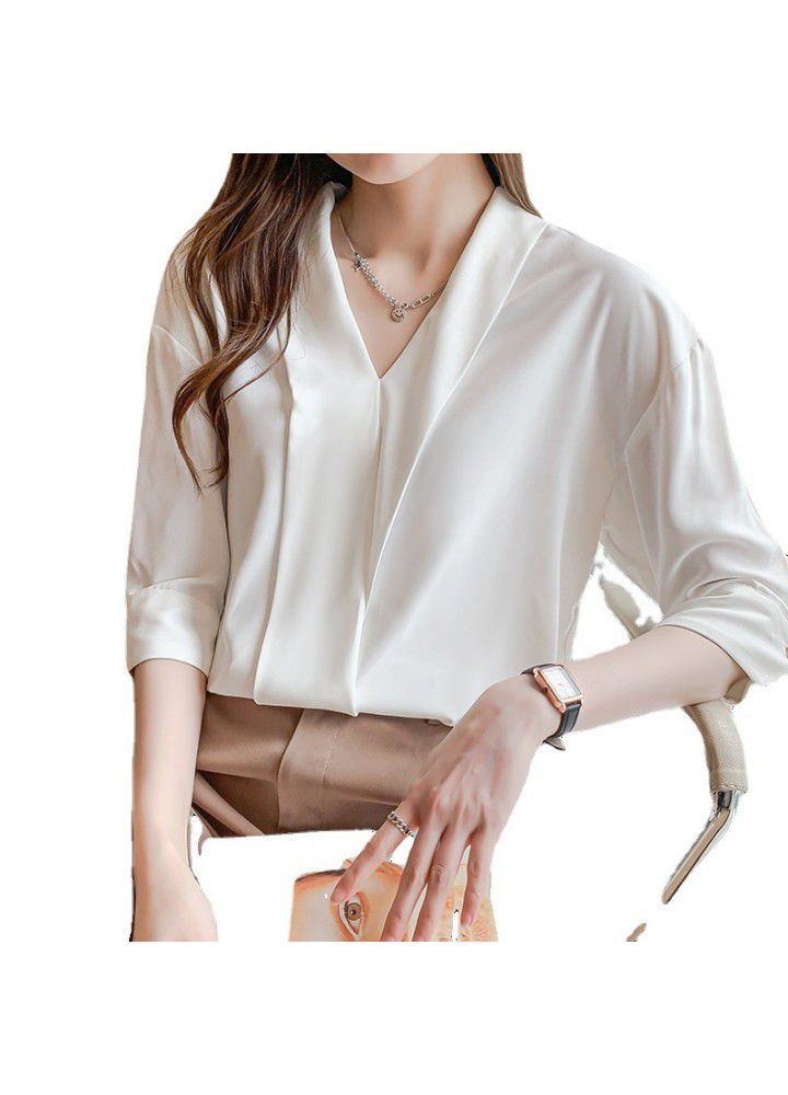 Real shot spot 2021 summer chiffon shirt femininity V-neck 5-sleeve fashion placket show thin black top