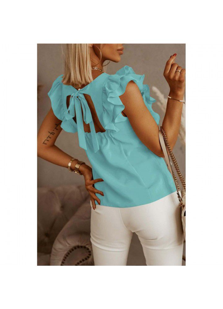2021 Amazon express wish Europe and America Summer new loose round neck solid color Ruffle short sleeve shirt