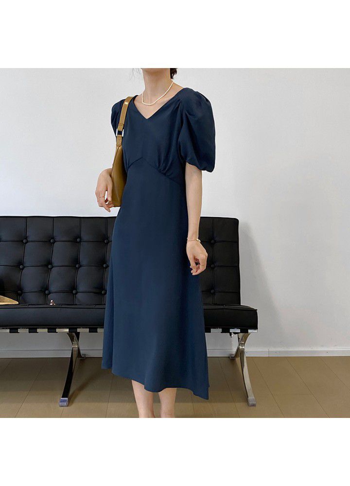 Taochuan French elegant V-neck solid color bubble sleeve dress women's 2021 summer short sleeve high waist long skirt word 5160
