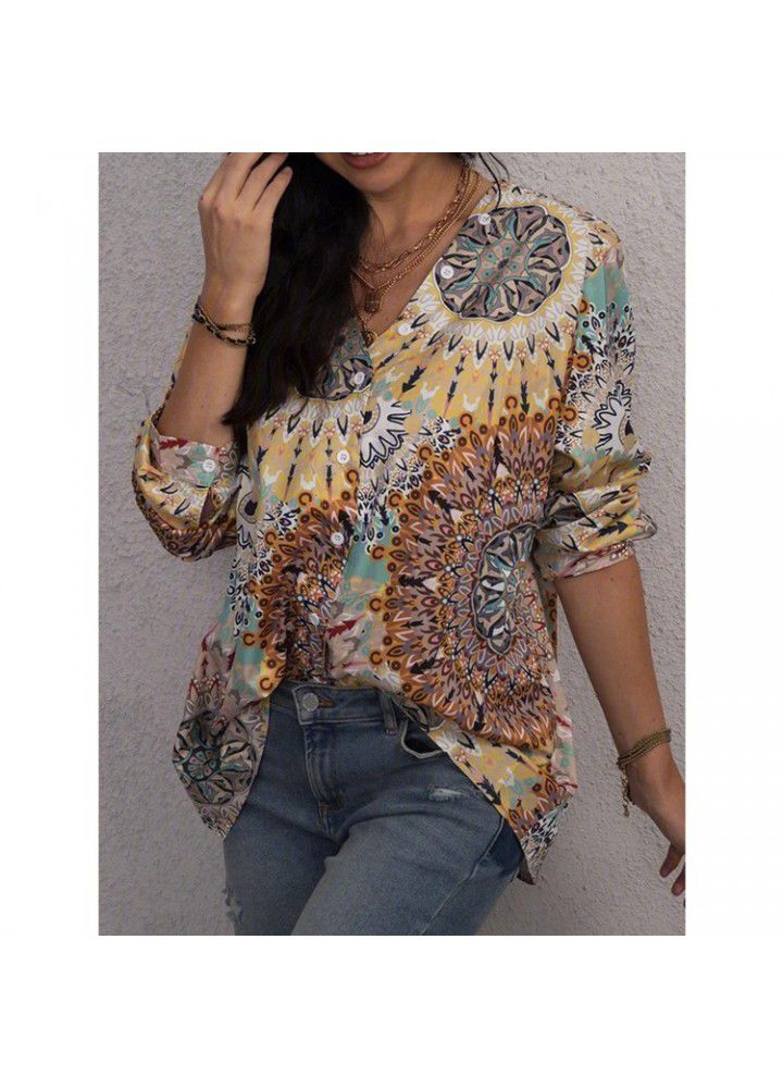 2020 Amazon's cross border new European and American printed long sleeve V-neck button women's shirt