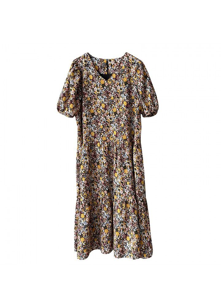 Zhicongxi gentle wind Long Floral dress women's 2021 summer bubble sleeve loose V-neck chiffon skirt 763
