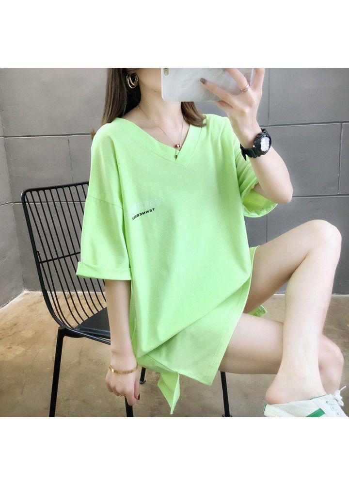 2021 new Korean large medium length V-neck short sleeve T-shirt women's fashion loose net red letter top