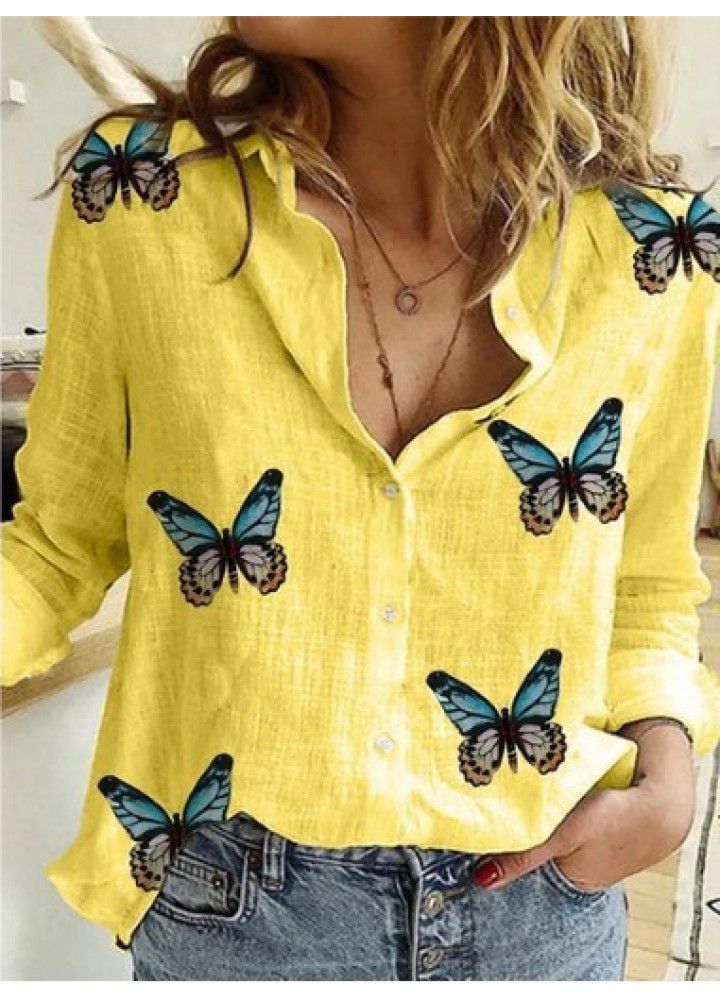 2020 New Amazon wish express new cotton temperament thin blouse irregular butterfly printing