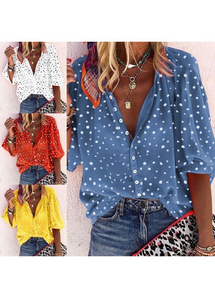 New Amazon wish Polka Dot snowflake Print Long Sleeve V-neck button women's shirt in autumn 2019