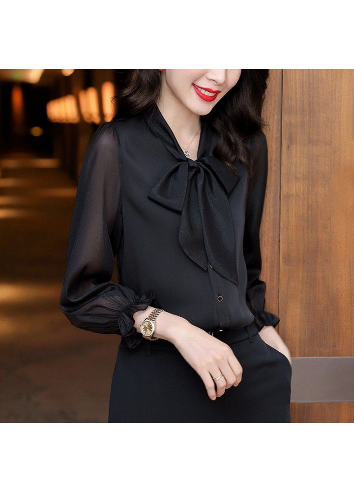 Black shirt women's spring design feeling bow Chiffon Shirt New 2021 Korean fashion summer