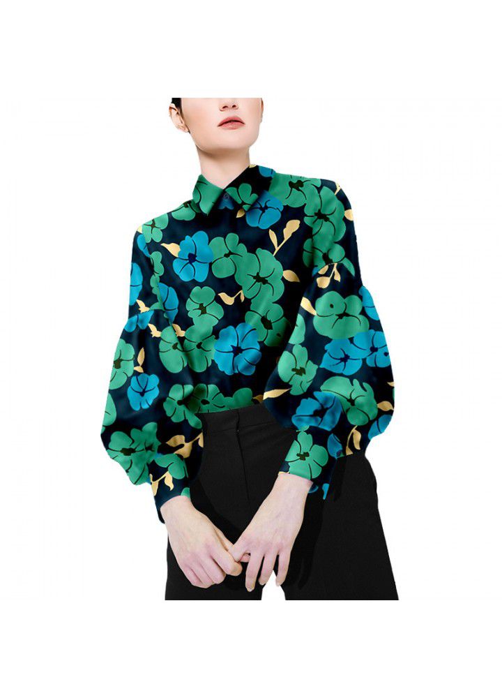 2021 spring new product design sense big flower temperament shirt female European and American fashion trend foreign style stripe Long Sleeve Shirt