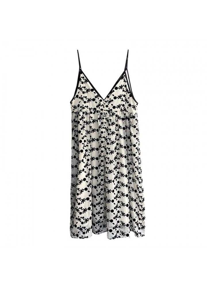 Taochuan flocking floral suspender dress women's 2021 RETRO art loose and thin V-neck Chiffon Dress 3373