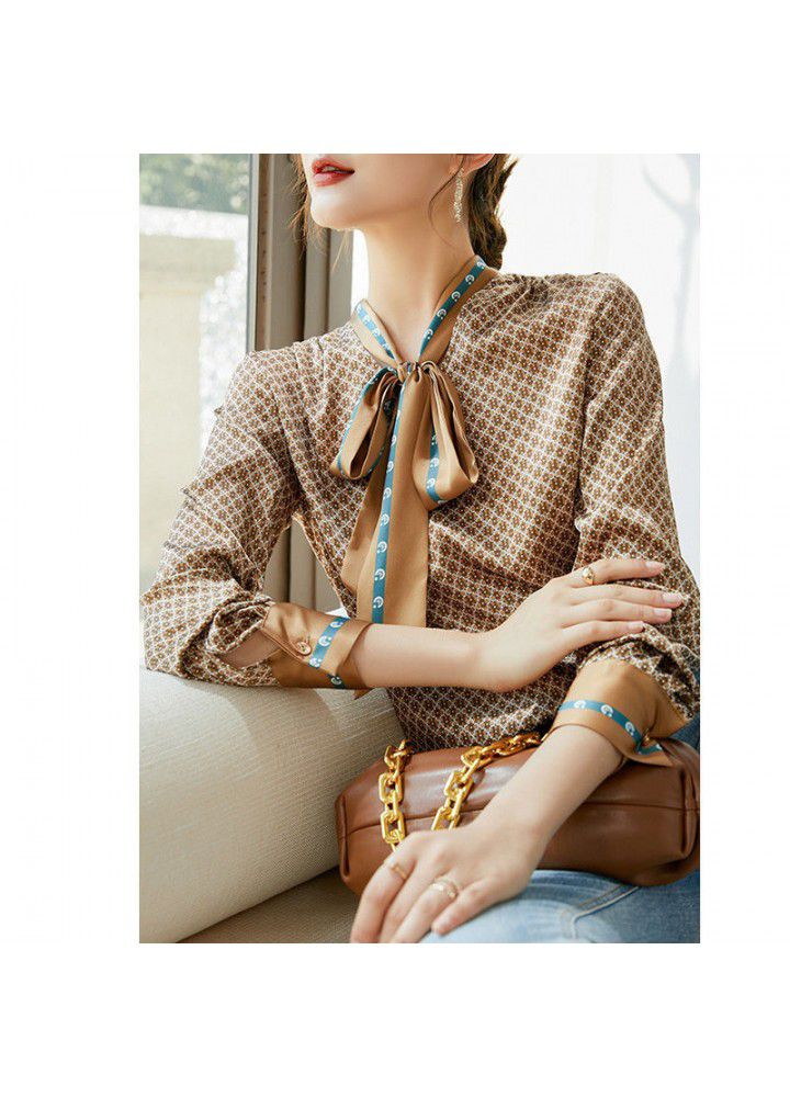 Ribbon foreign style top women's 2021 spring new fashion foreign style printed shirt women's long sleeve shirt temperament blouse