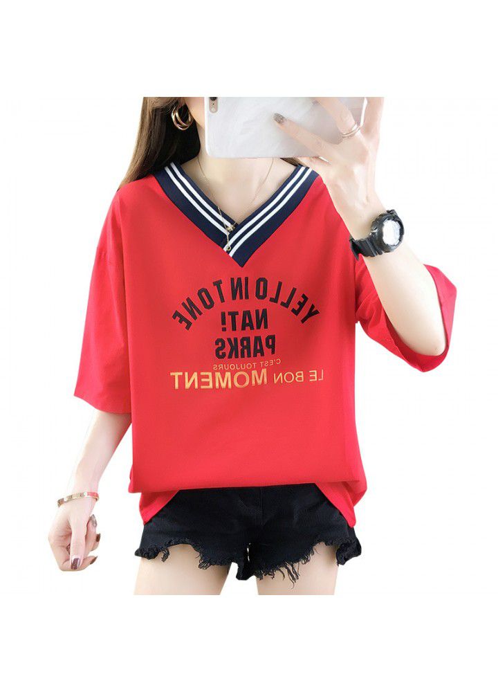2021 summer new V-neck short sleeve T-shirt women's Korean loose fashion leisure net red half sleeve clothes fashion