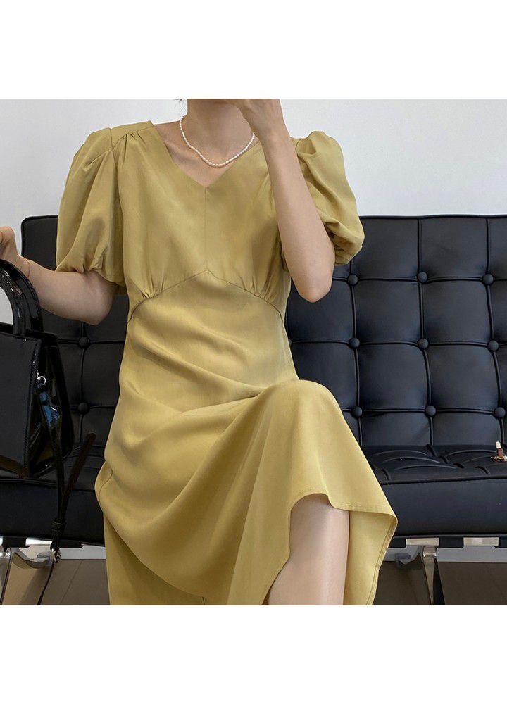 Taochuan French elegant V-neck solid color bubble sleeve dress women's 2021 summer short sleeve high waist long skirt word 5160
