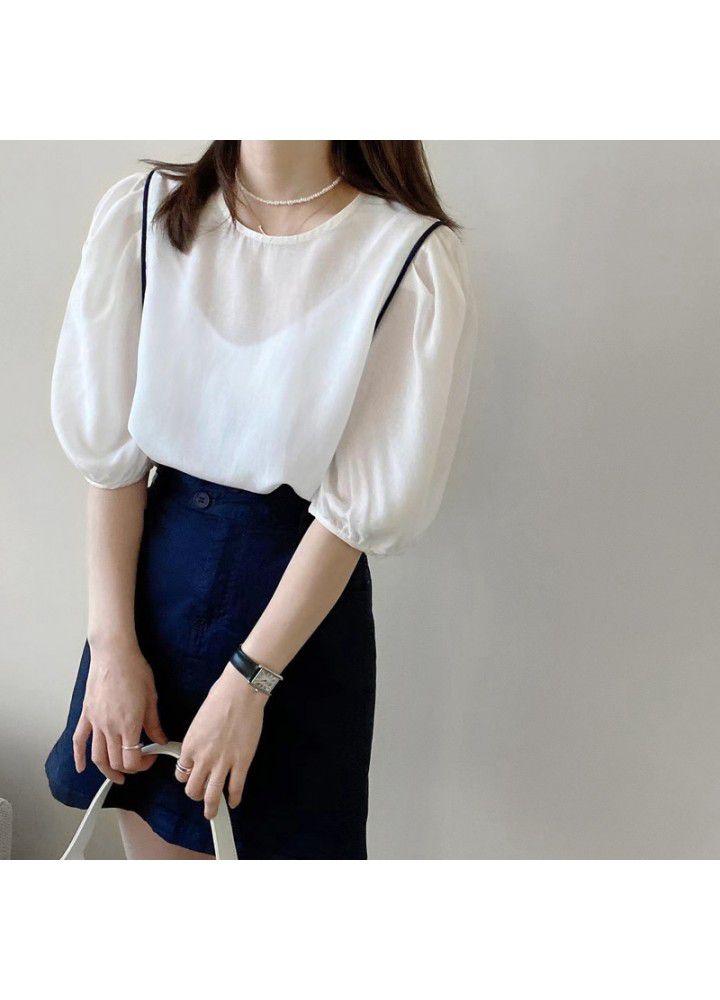 Women's cotton and hemp short sleeve shirt 2021 new Korean style bubble sleeve round neck Tencel hemp small top