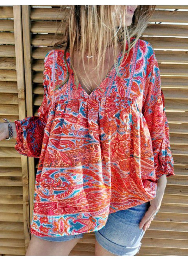 Autumn and winter 2020 new European and American Amazon foreign trade floral long sleeve T-shirt women's printed V-neck pleated top