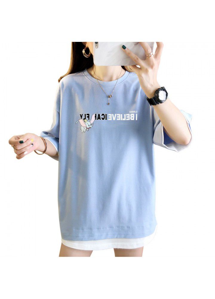 Black T-shirt women's short sleeve loose fitting half sleeve 2021 new Harajuku Hong Kong style simple fake two-piece top