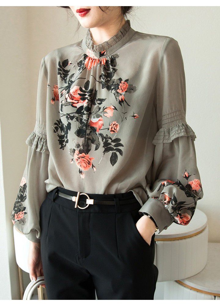 European station 2021 spring new heavyweight stand collar Vintage printed top with slim Lantern Sleeve palace style shirt
