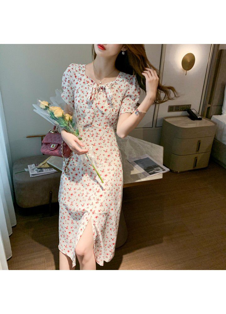 French retro floral Platycodon grandiflorum skirt summer 2021 new Korean split neck two wear holiday dress