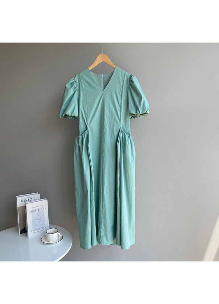 Taochuan solid color big pocket bubble sleeve dress women's summer 2021 new French V-neck loose swing dress 1953
