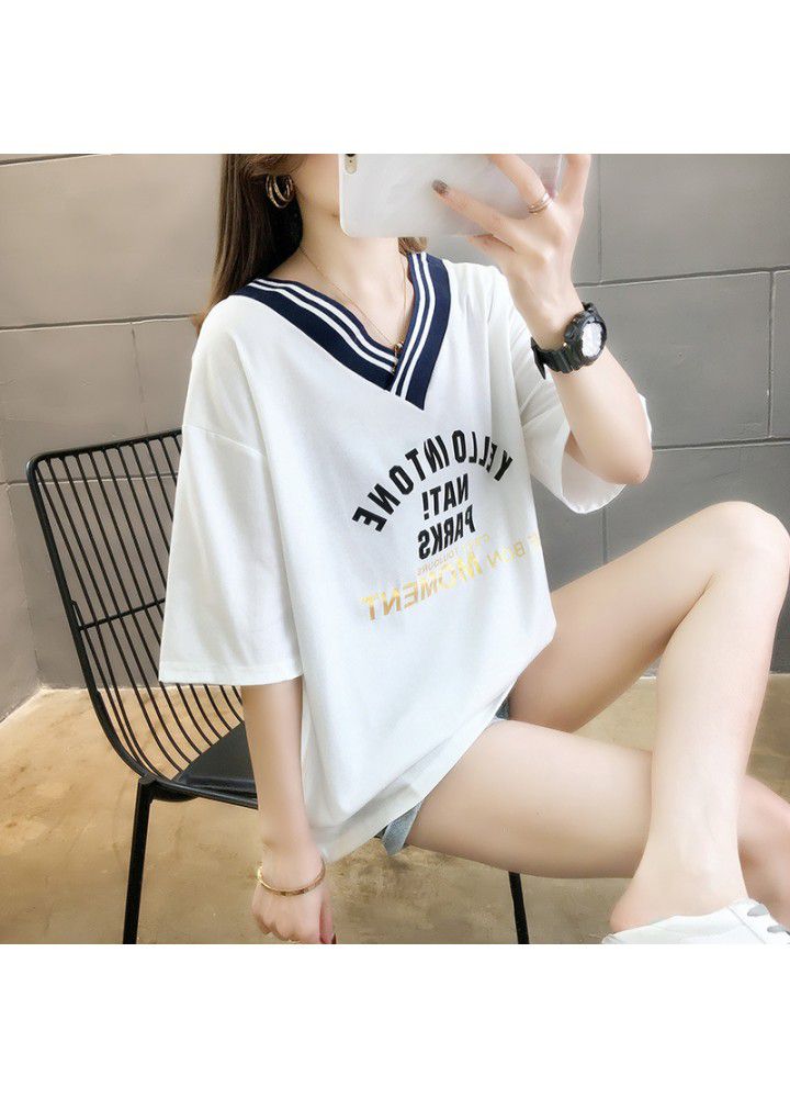 2021 summer new V-neck short sleeve T-shirt women's Korean loose fashion leisure net red half sleeve clothes fashion