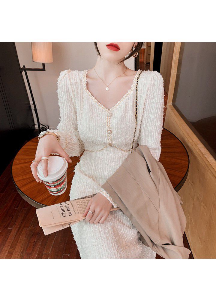 2021 spring dress new French small fragrance long sleeve dress femininity Lace Waist Skirt thin