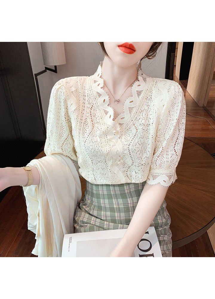 Hong Kong style ice silk breathable V-neck lace shirt 2021 summer new slim cardigan French top