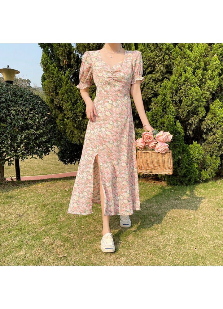 Monet oil painting skirt 2021 new spring retro V-neck tea break skirt split pure French floral dress women's summer