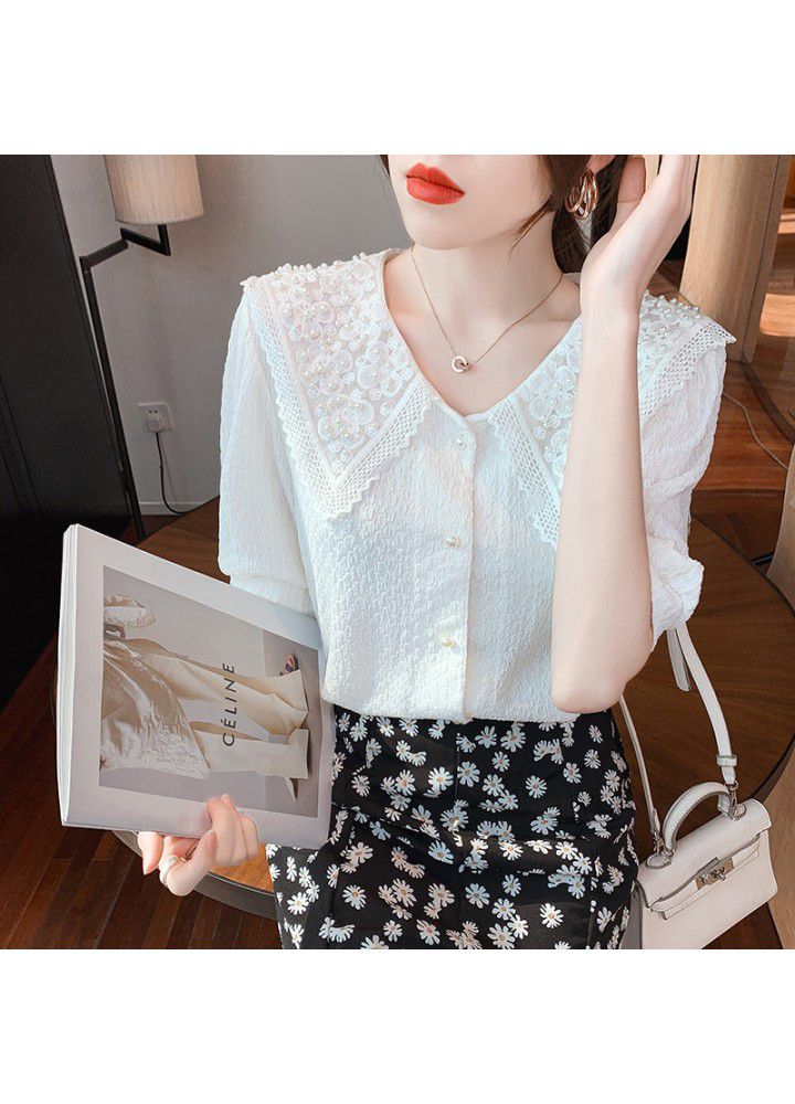 Pin bead shirt 2021 summer new lace loose top French baby collar cardigan looks thin