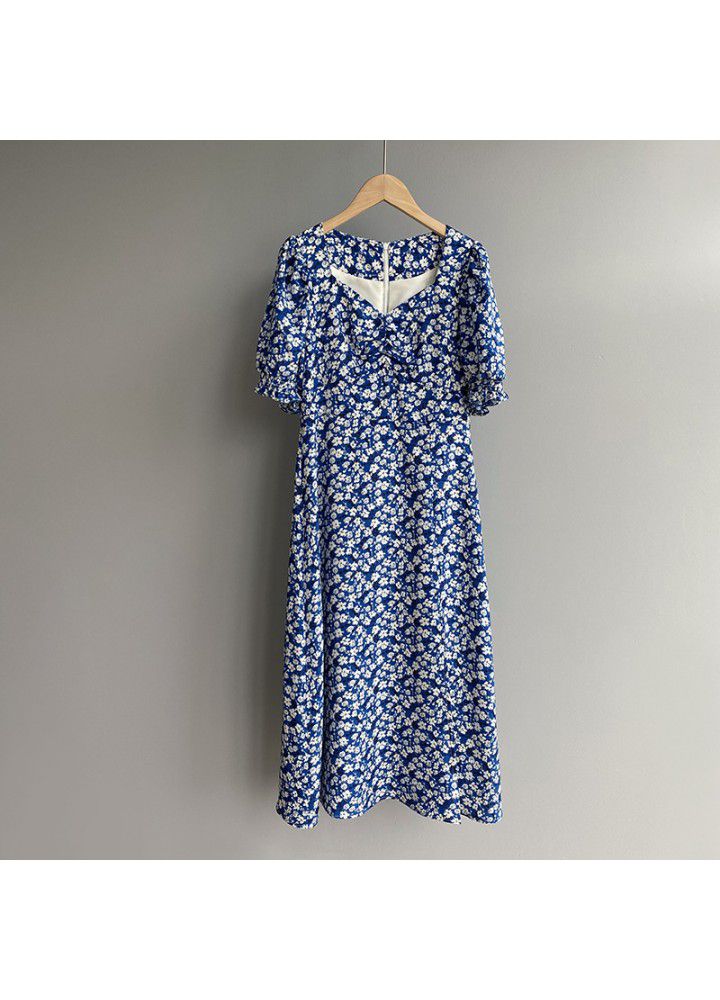 Taochuan French retro square neck waist split soft floral holiday dress women's long 2021 summer 1002