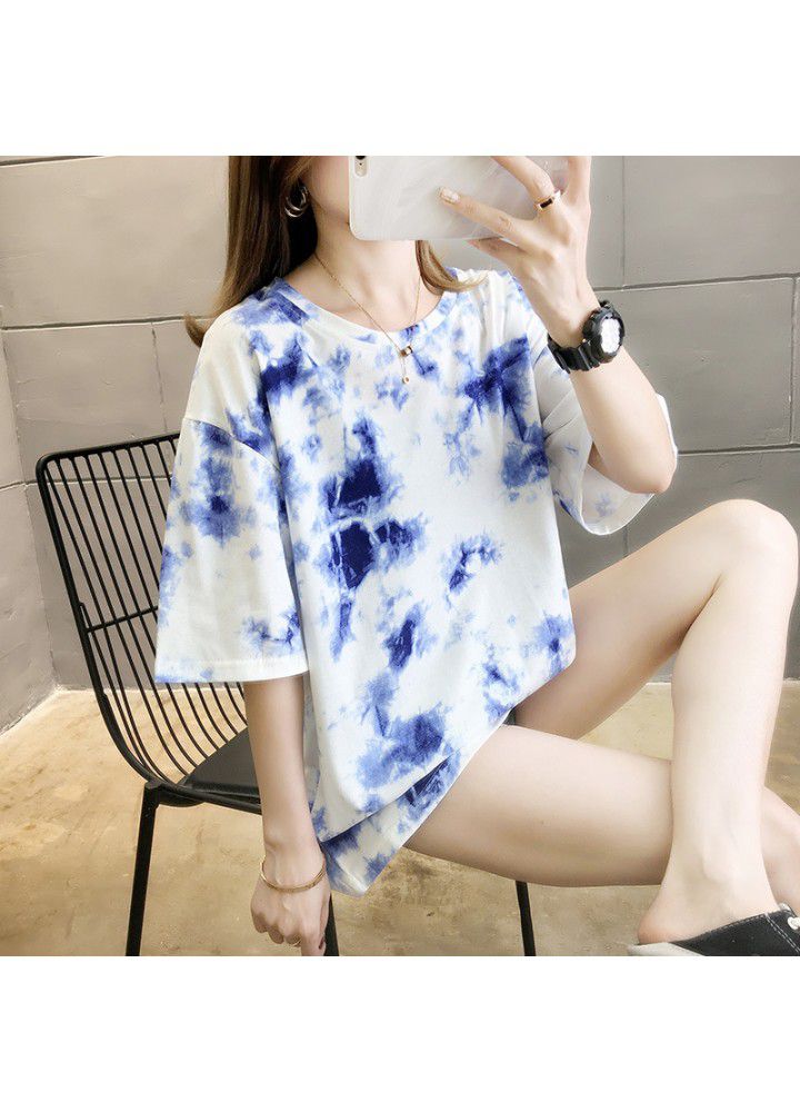 2021 tie dye ins short sleeve T-shirt women's Korean loose net Hong Kong Style strange smell body versatile half sleeve clothes fashion