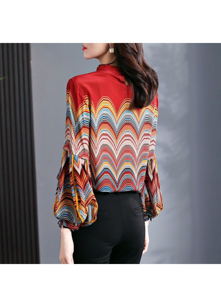 Temperament standing collar Lantern Sleeve color wave retro printing loose and thin shirt for women 2021 early spring