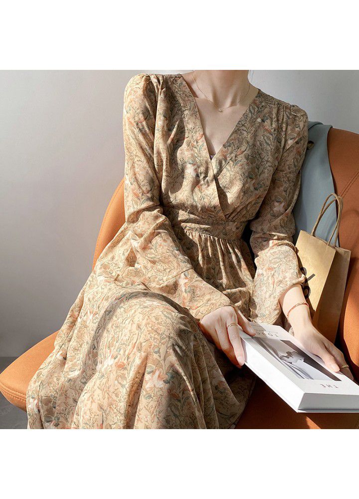 Zhicong evening waist V-neck trumpet sleeve floral dress spring summer 2021 new loose long sleeve dress 3367