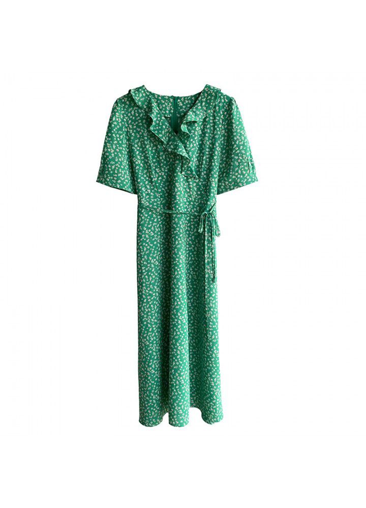 Taochuan small fresh V-neck dress women's 2021 summer new Korean floral Ruffle waist long skirt 1956