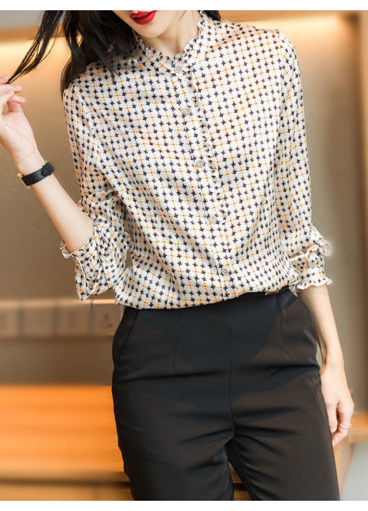 2021 spring new floral French top with auricular collar unique shirt women's silk satin temperament shirt