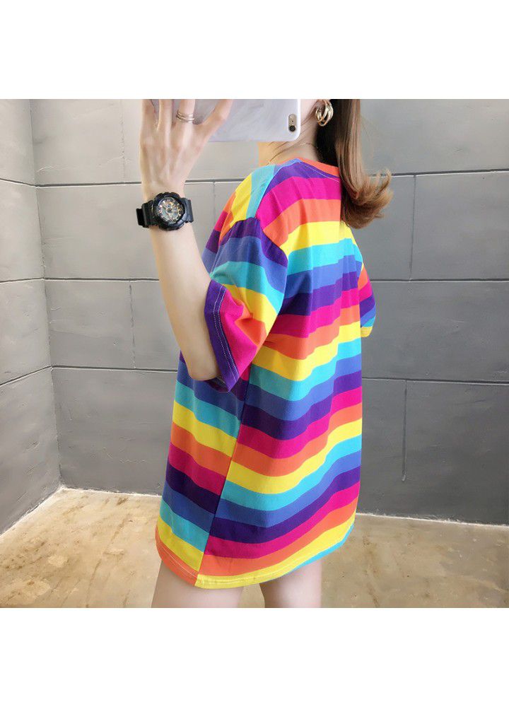 Rainbow Stripe net red short sleeve T-shirt women's summer loose large size lower garment