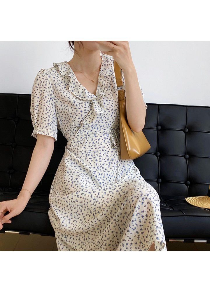 Taochuan small fresh V-neck dress women's 2021 summer new Korean floral Ruffle waist long skirt 1956