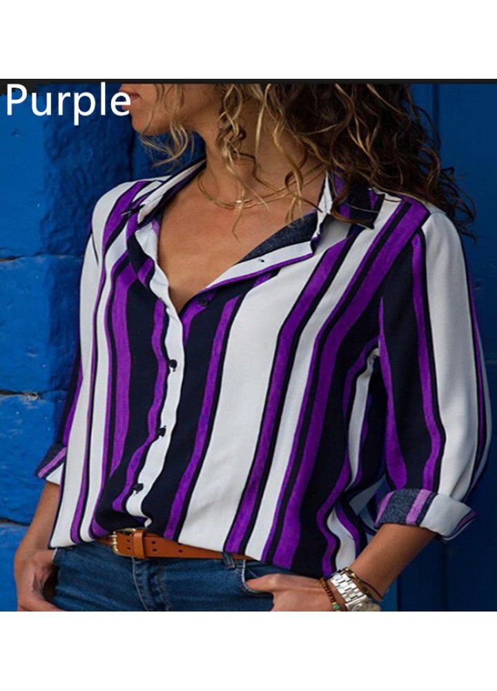 Fast selling wish Amazon eBay big size loose blouse contrast stripe long sleeve multi color blouse