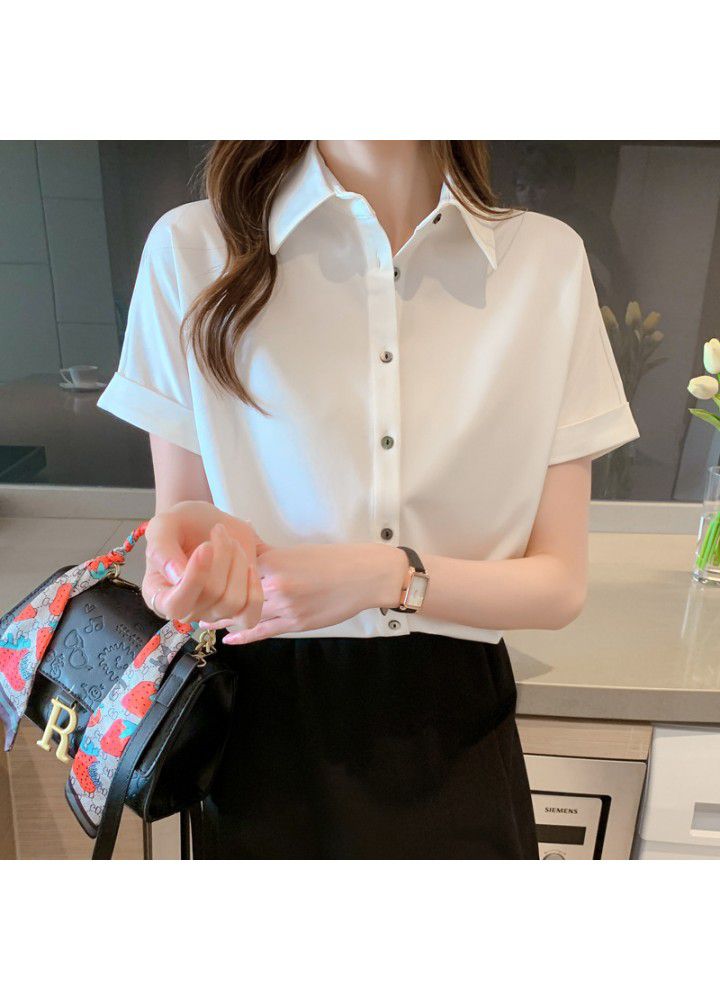2021 summer new Satin short sleeve shirt female Hong Kong style student Polo professional temperament Satin top commuting slim fit