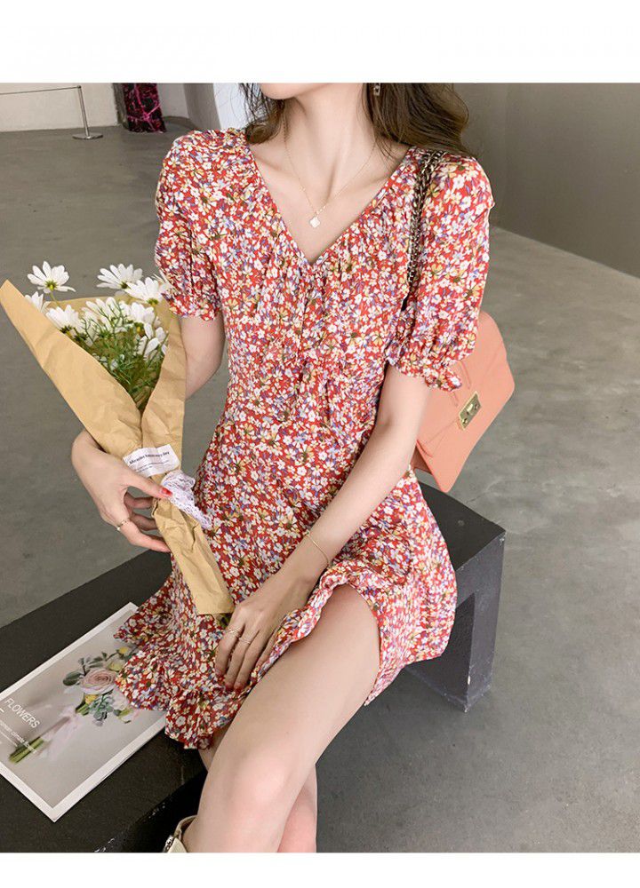 2021 new summer women's V-neck trumpet sleeve Floral Chiffon short sleeve dress fashion women's wear