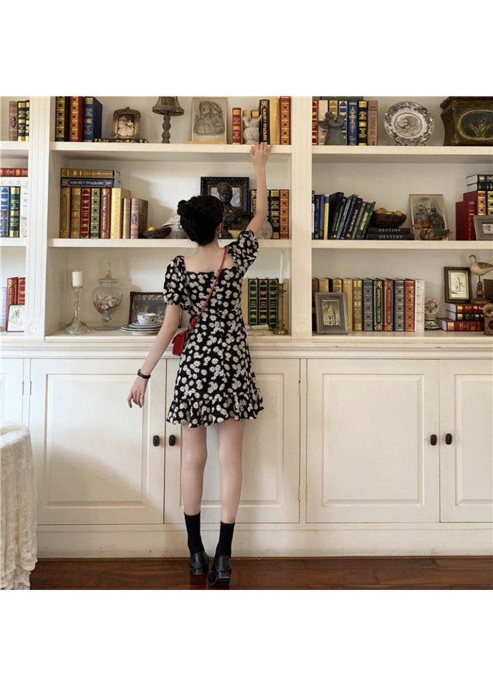 2021 summer new small bubble sleeve dress women's collar medium long short sleeve floral Daisy skirt