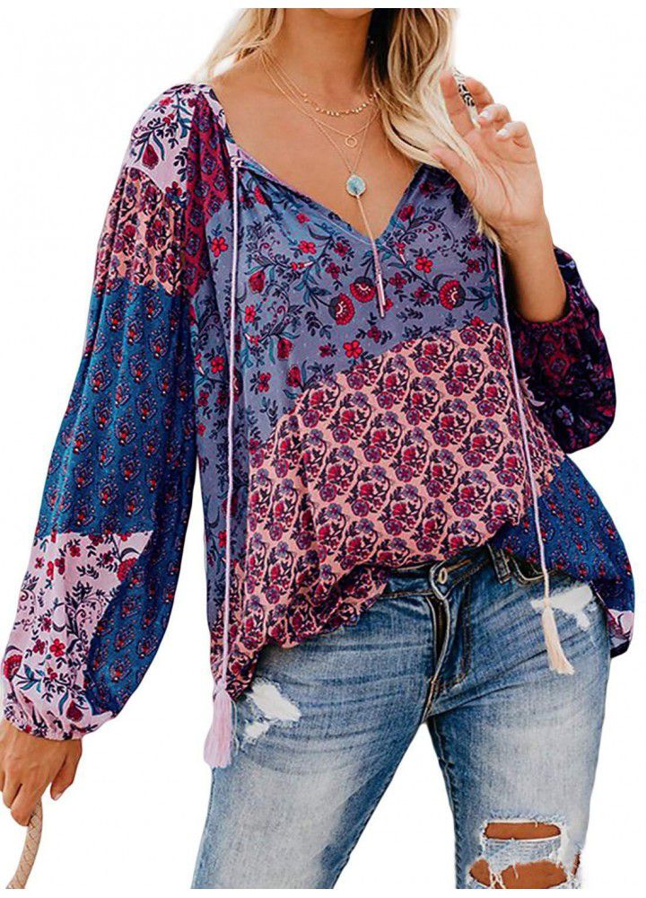 Cross border wish Amazon eBay printed large V-Neck long sleeve pullover shirt loose drawstring Top Blouse